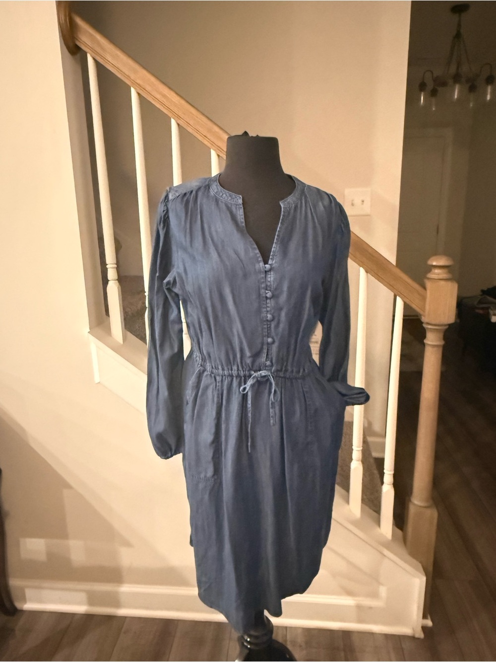 Time and Tru Denim-Blue Button Front Drawstring Waist Dress
